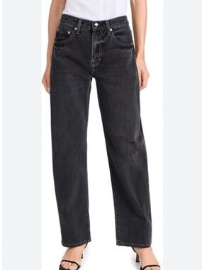 Pistola Lexi Mid-Rise Bowed Distressed Straight-Leg Jeans Sz 28 washed black